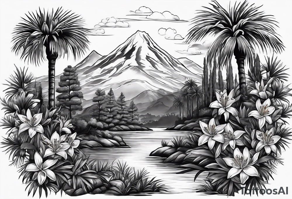 Orange blossoms with palmettoes and cypress trees tattoo idea Orange blossoms with palmettoes and cypress trees tattoo idea