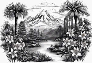 Orange blossoms with palmettoes and cypress trees tattoo idea