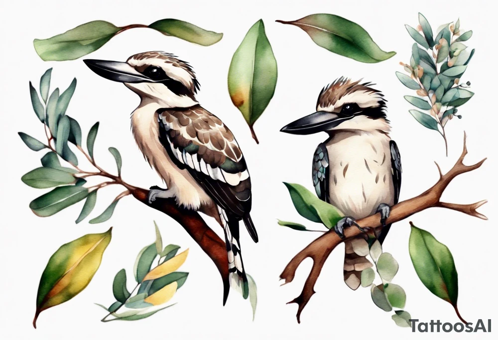 Small kookaburra with eucalyptus leaves and wattle leaves tattoo idea
