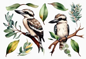 Small kookaburra with eucalyptus leaves and wattle leaves tattoo idea