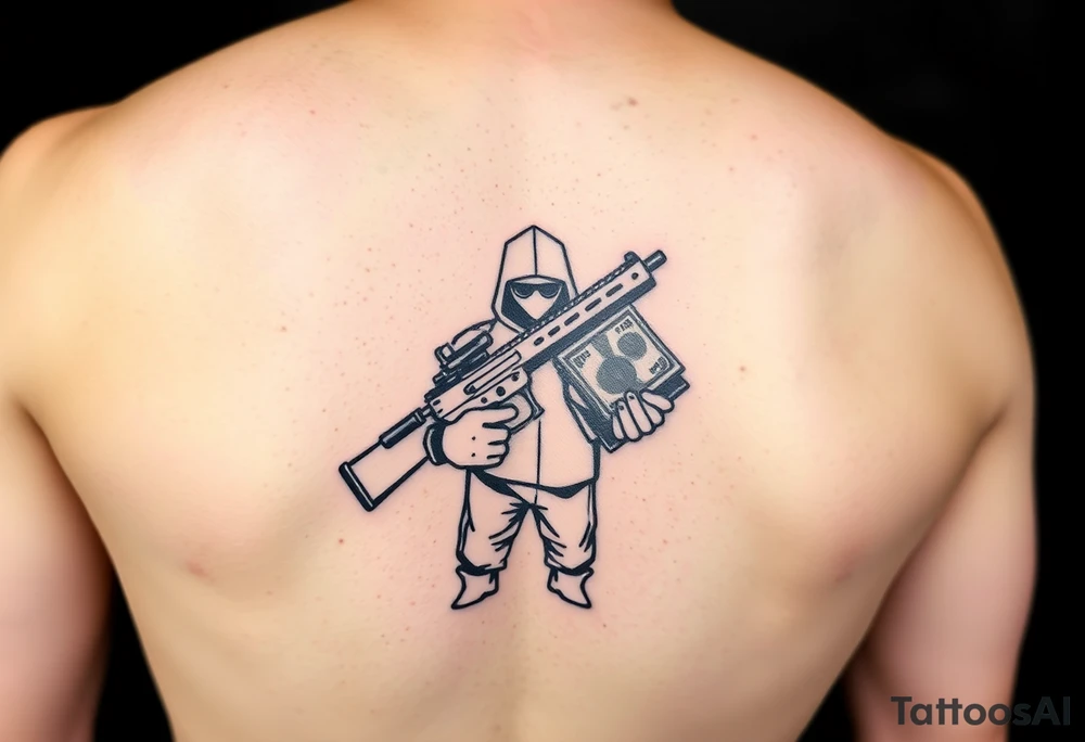 Someone standing in from of 7/11 with a gun and a wad of cash in the other hand tattoo idea
