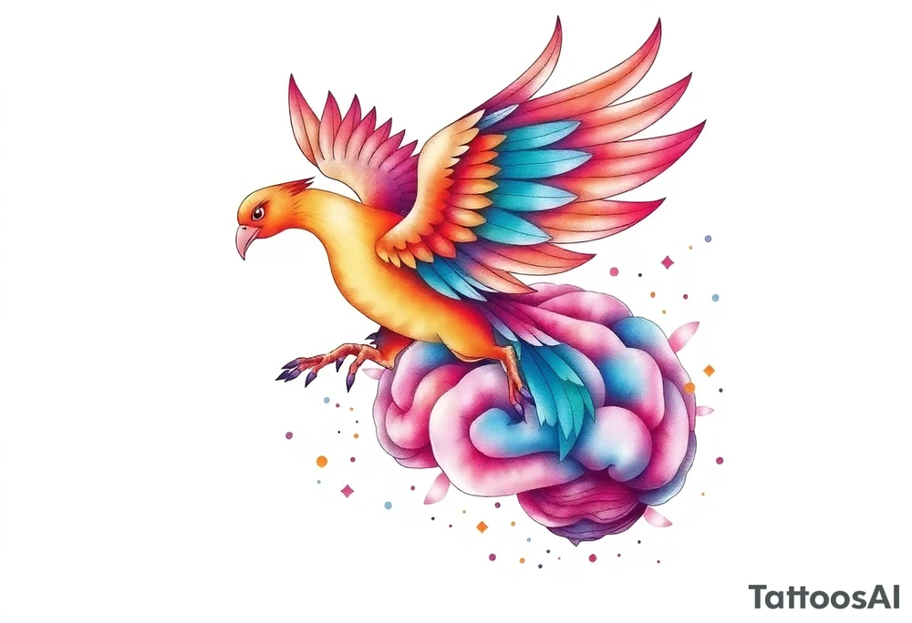 Colorful phoenix flying out of a brain with 3-16-24 tattoo idea