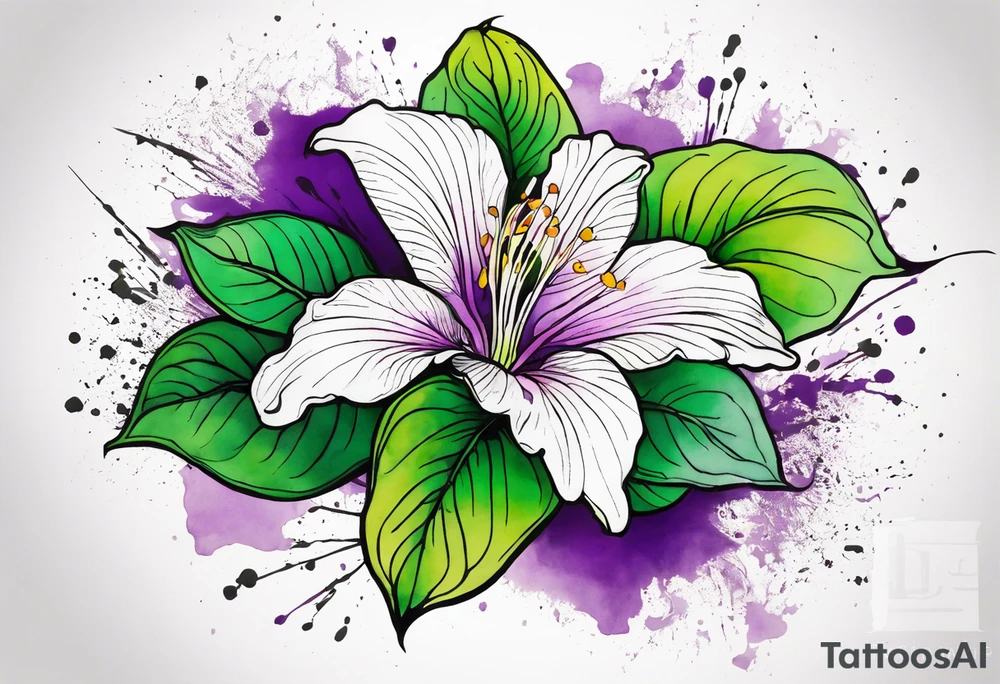 An outline of a rio dipladenia flower with a green and purple watercolor splash in the background tattoo idea