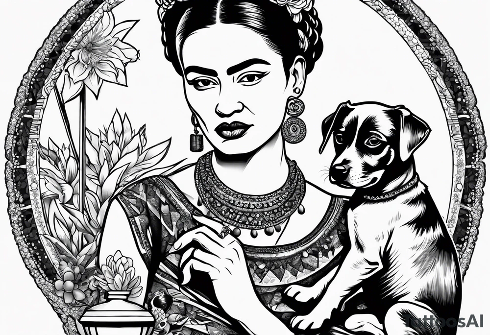 Frida khalo smoking a hookah while carrying a puppy dog tattoo idea