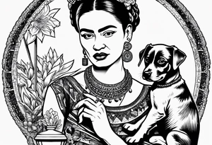 Frida khalo smoking a hookah while carrying a puppy dog tattoo idea