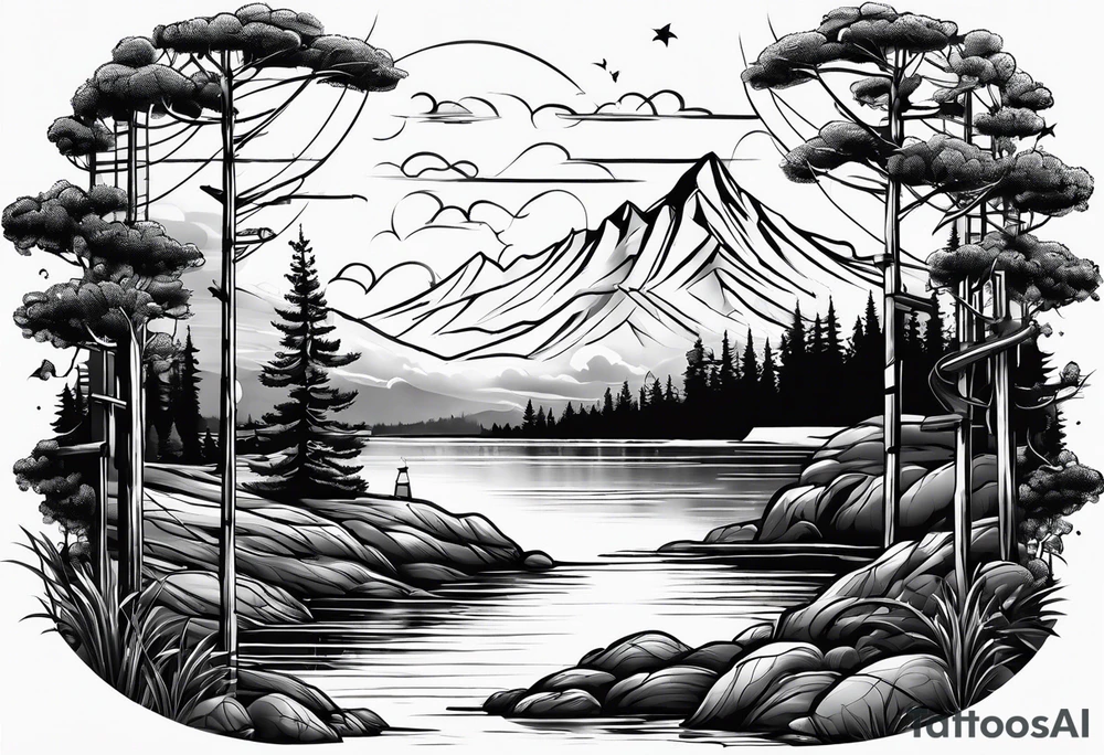 landscape and fishingpole and line with hook tattoo idea