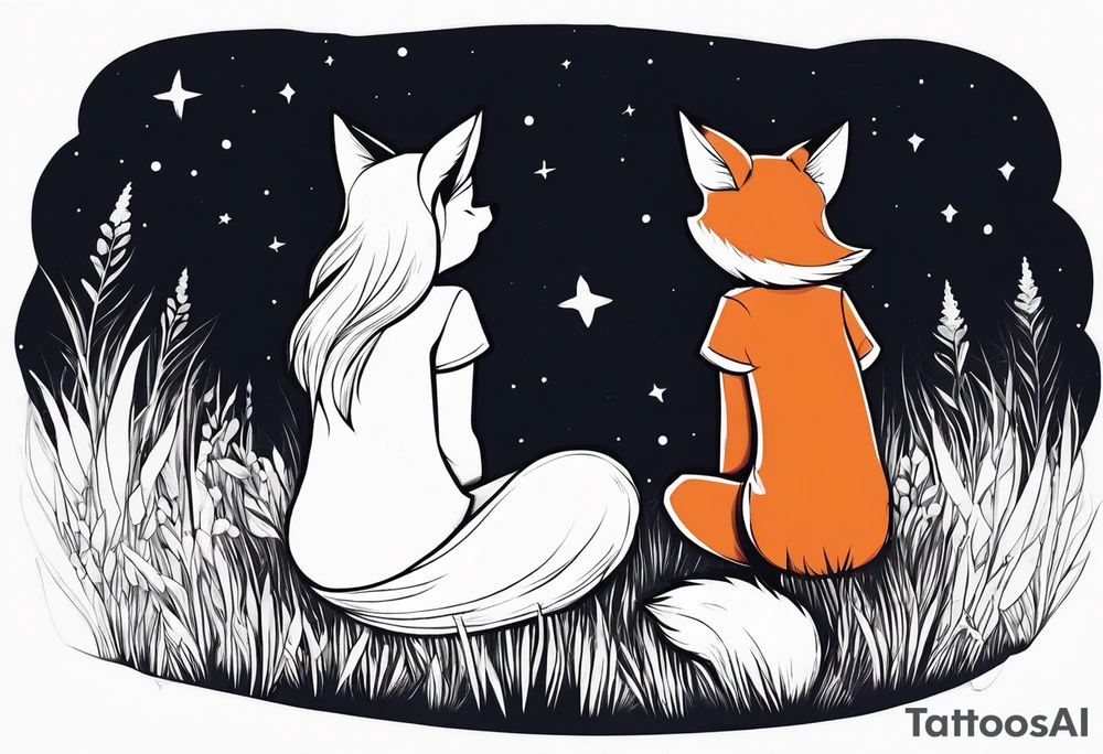 sitting from behind looking at the stars, a little girl and a fox sitting in the grass tattoo idea