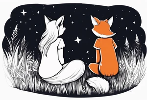 sitting from behind looking at the stars, a little girl and a fox sitting in the grass tattoo idea
