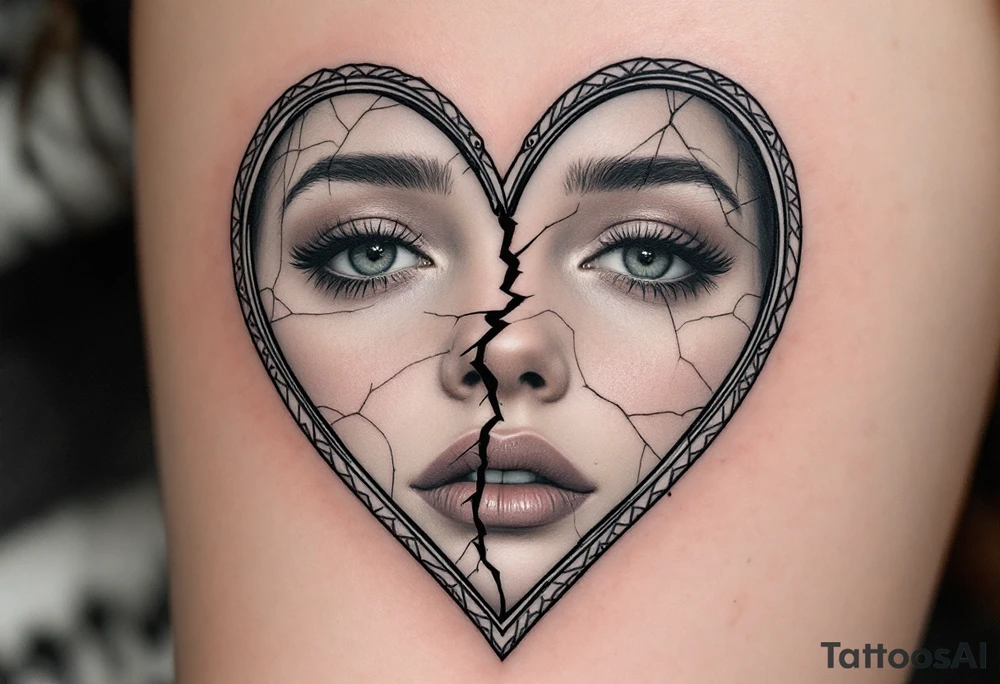 A heart-shaped mirror, cracked in the center, reflecting distorted memories of love in grayscale tones. tattoo idea