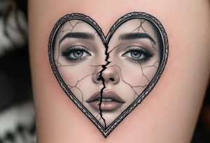 A heart-shaped mirror, cracked in the center, reflecting distorted memories of love in grayscale tones. tattoo idea