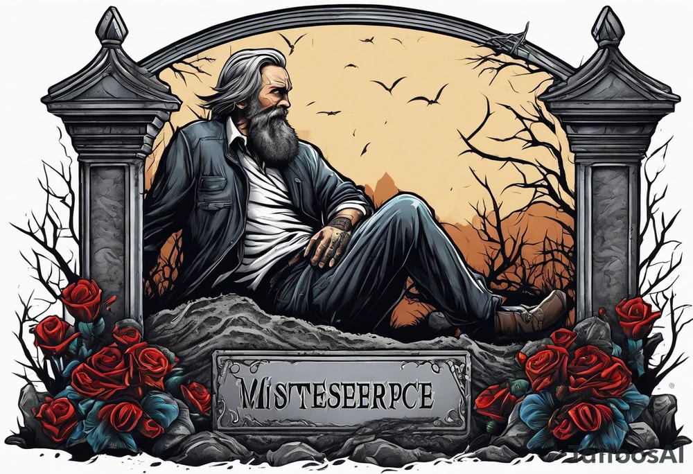 Man crawling out of grave. 
MIW Reincarnate written on gravestone tattoo idea