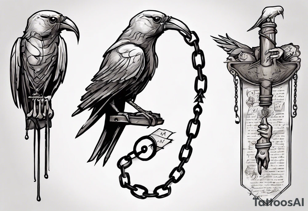 hand horizontally orientation with middle finger extended outward with a headless-songbird perched upon the middle finger, the leg of the bird is chained to the middle finger. A scroll banner with the words "What I've Felt, What I've Known." In stylized font tattoo idea