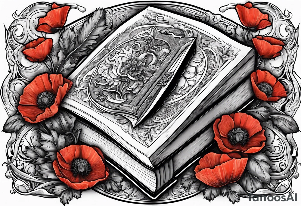 A book with a dagger surrounded by poppies tattoo idea A book with a dagger surrounded by poppies tattoo idea