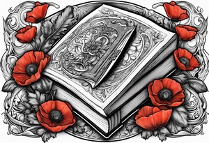 A book with a dagger surrounded by poppies tattoo idea