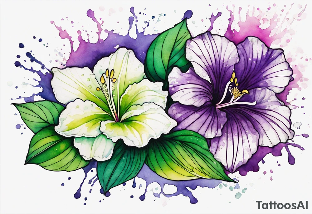An outline of an only green rio dipladenia flower and a green and purple watercolor splash in the background tattoo idea