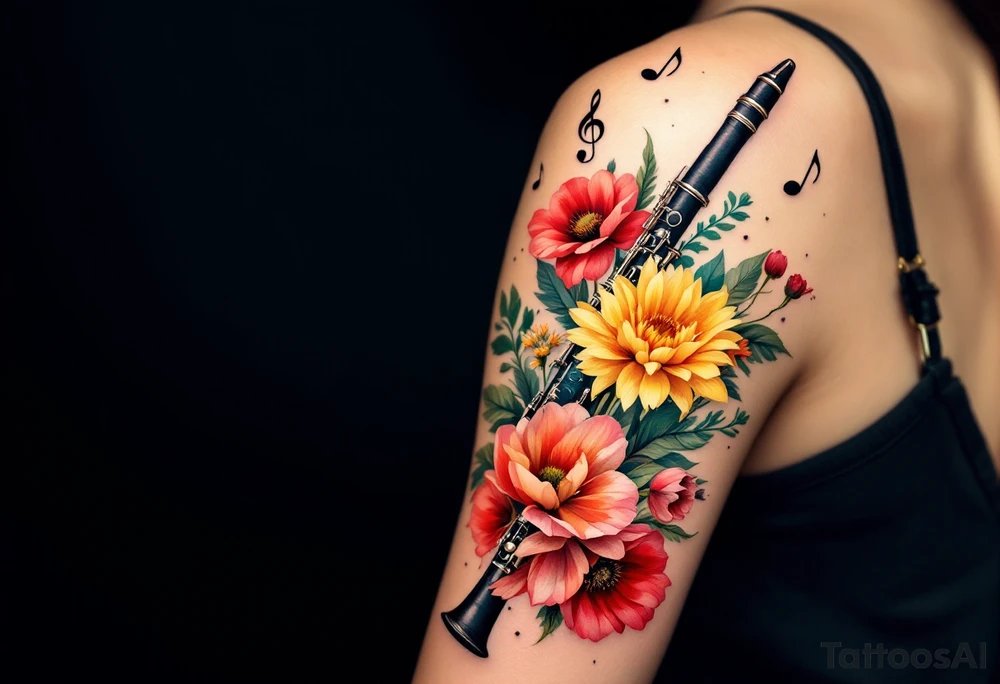 Clarinet and Floral Arrangement – A detailed black clarinet surrounded by a vibrant bouquet of flowers like red poppies, yellow daisies, and green leaves, symbolizing the blend of classical music and nature. tattoo idea