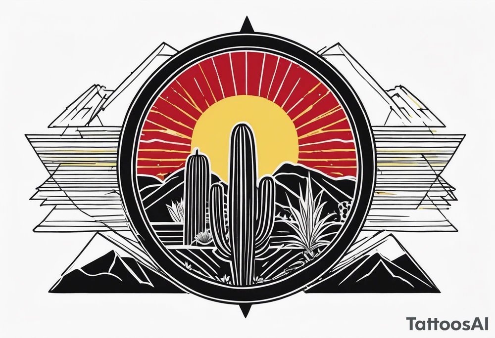 Crest with a hood on top,
13 rays of red and weld-yellow on the top half. NYC sky line
a cactus on the left side and a royal palm on the right side tattoo idea