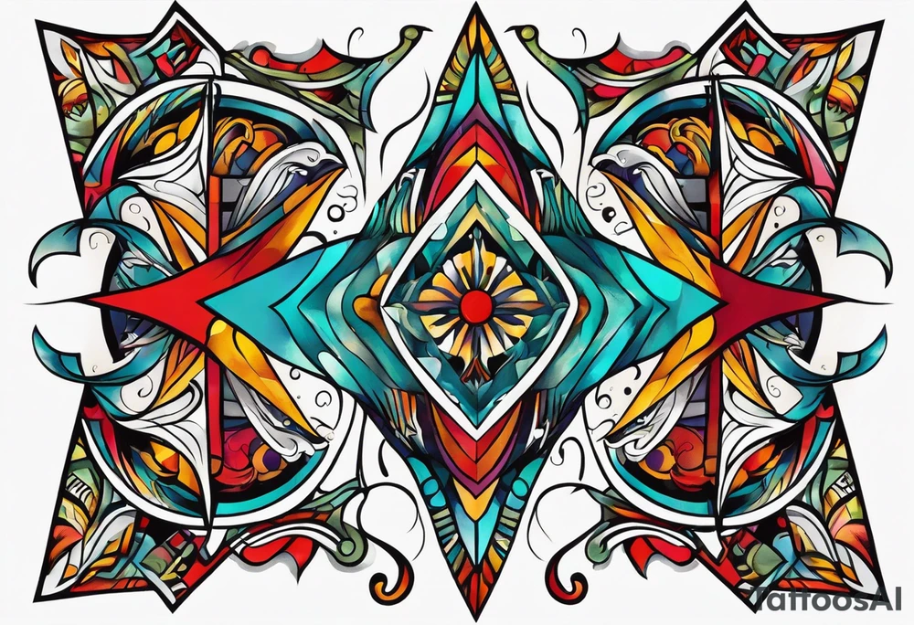 Bold geometric tapestry trident in colour on arm tattoo idea