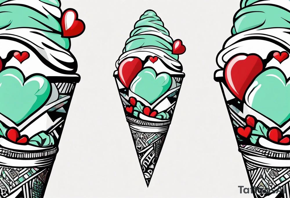 simple mint chocolate chip ice cream cone with small red heart on it somewhere. tattoo idea