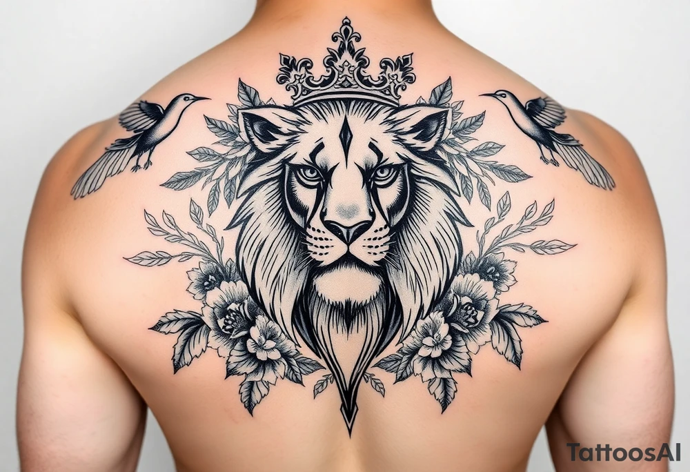 powerful majestic lion with a crown, surrounded by floral ornaments and birds tattoo idea