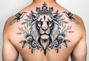 powerful majestic lion with a crown, surrounded by floral ornaments and birds tattoo idea