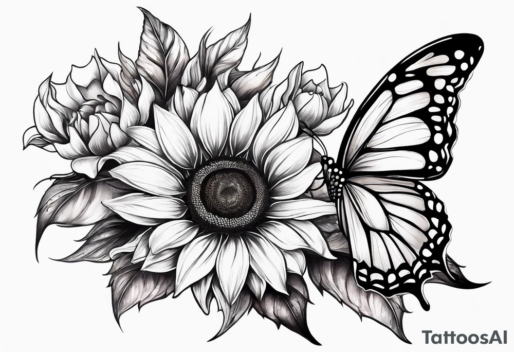 Sunflower with butterfly half leg sleeve tattoo idea