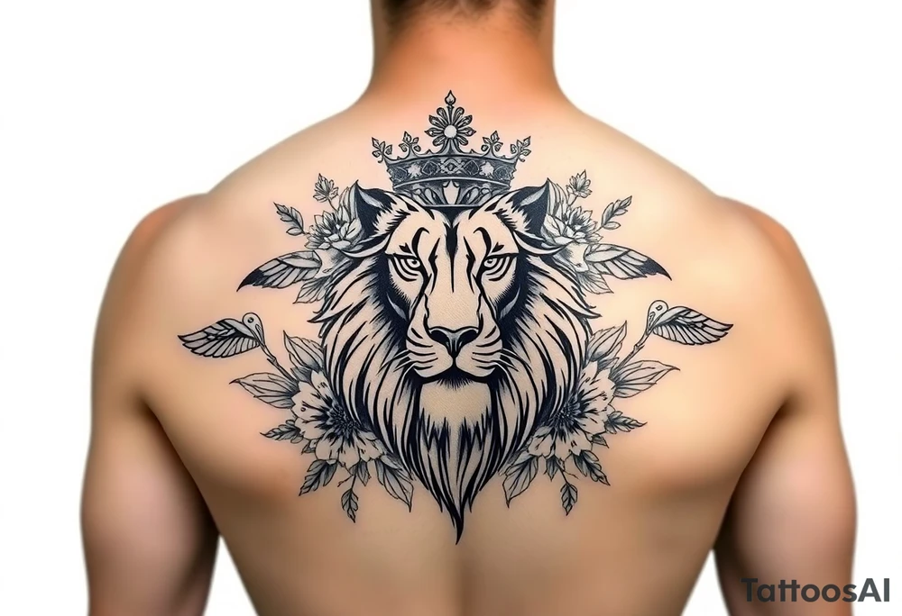 powerful majestic lion with a crown, surrounded by floral ornaments and birds tattoo idea