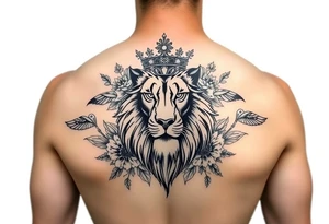 powerful majestic lion with a crown, surrounded by floral ornaments and birds tattoo idea