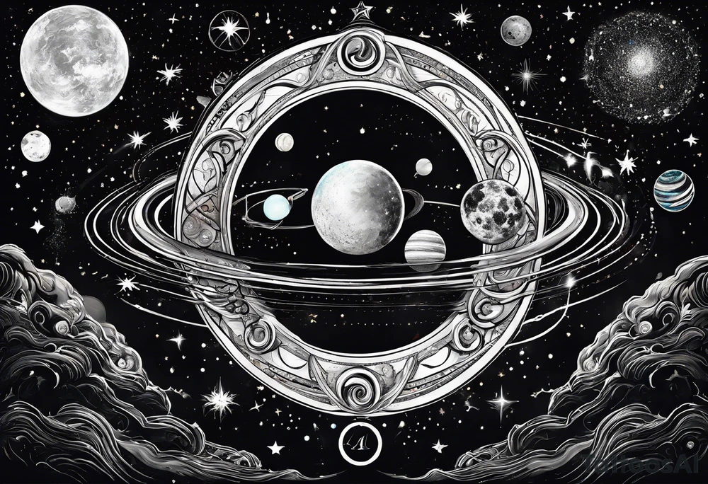 A tattoo featuring a cosmic scene with planets, black holes, and supernovae intertwined with intricate linguistic symbols, reflecting the client's interests in cosmology and linguistics. tattoo idea