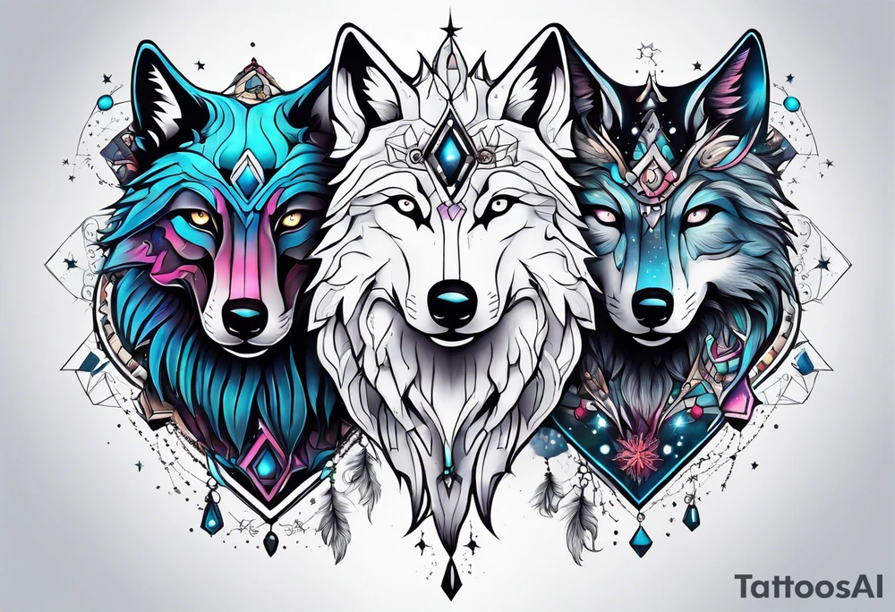 Constellation, two animal alien wolf, snowflake tattoo idea