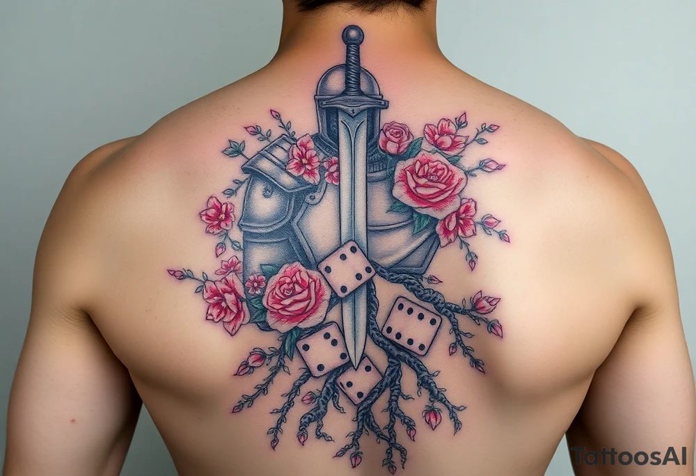 knight with sword and squid intertwined with climbing roses and tree roots with cherry blossoms rolling dice tattoo idea