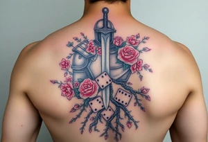 knight with sword and squid intertwined with climbing roses and tree roots with cherry blossoms rolling dice tattoo idea