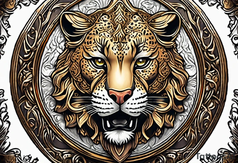 A shield with small leopar head as shield's emblem. The shield would be hang on a ivy planted wall tattoo idea