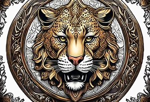 A shield with small leopar head as shield's emblem. The shield would be hang on a ivy planted wall tattoo idea