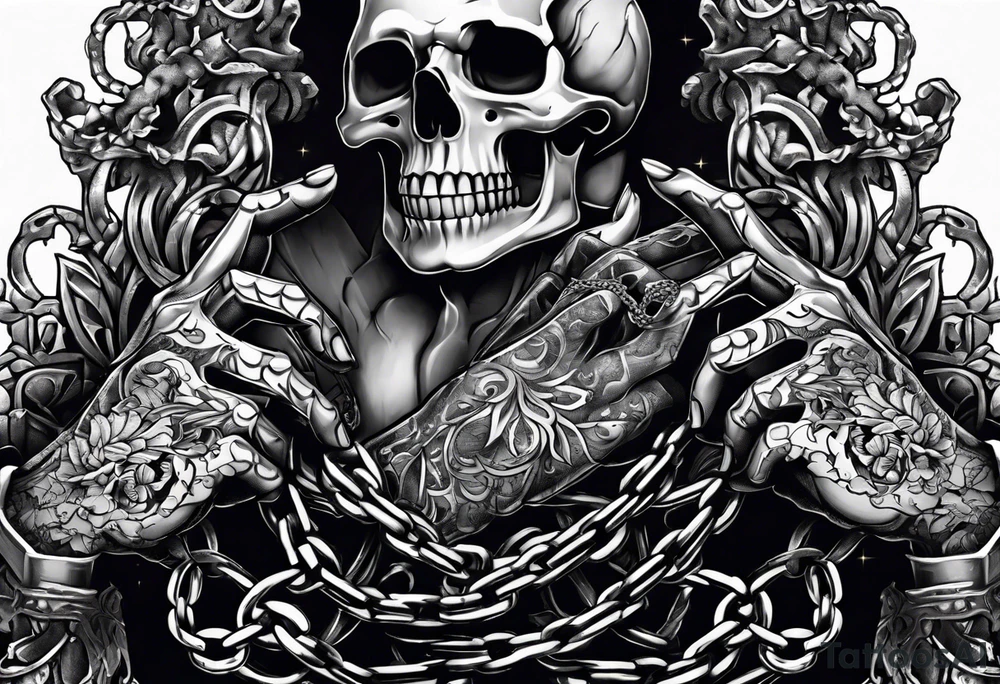 Skeleton hands that are chained together breaking the chain in the middle tattoo idea Skeleton hands that are chained together breaking the chain in the middle tattoo idea