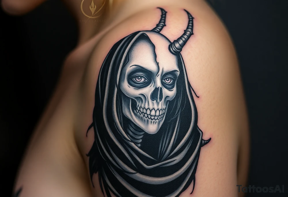 A chilling Hel, the half-dead Norse goddess of the underworld, her face split between lifelike beauty and skeletal darkness, draped in a tattered black cloak tattoo idea