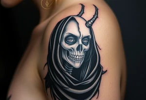 A chilling Hel, the half-dead Norse goddess of the underworld, her face split between lifelike beauty and skeletal darkness, draped in a tattered black cloak tattoo idea