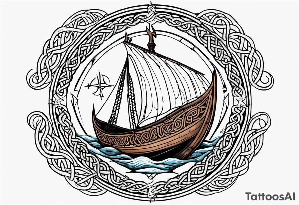 Viking longship, celtic rune compass, Yggdrasil, shoulder placement tattoo idea
