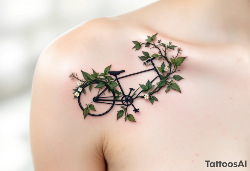 A bicycle with a handlebar made of twisted vines, with green leaves and small white flowers creeping around it, symbolizing growth and connection to nature. tattoo idea