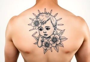 Baby boy flower ornemental with sunshine background chest tattoo idea