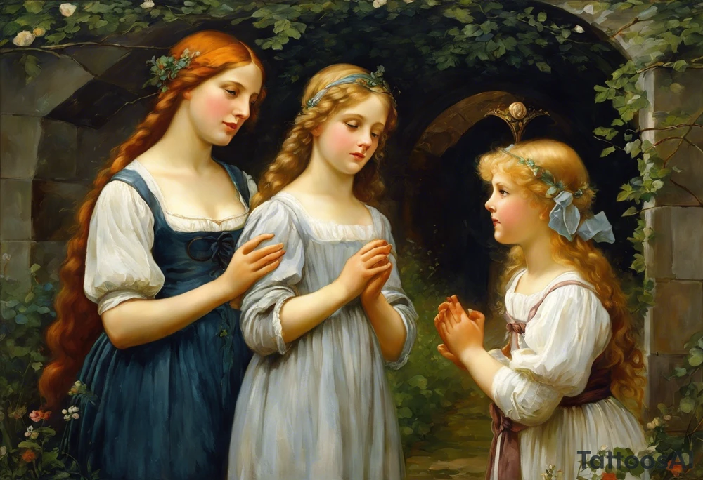 3 webliche Menschen die nebeneinander stehen. Die linke ist ein junges mädchen, die mittlere eine reife Frau, die rechte eine sehr alte frau. Sie blicken  nach vorne.
Es sind 3 weberinen. Sie symbolisisren die moiren, alte schicksalsgöttinen. tattoo idea