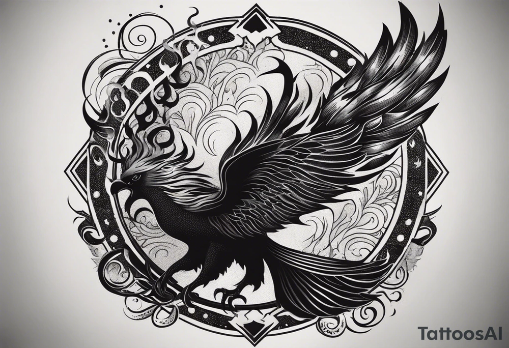 Bold text "BURN IT DOWN" engulfed with flames and smoke of a phoenix tattoo idea
