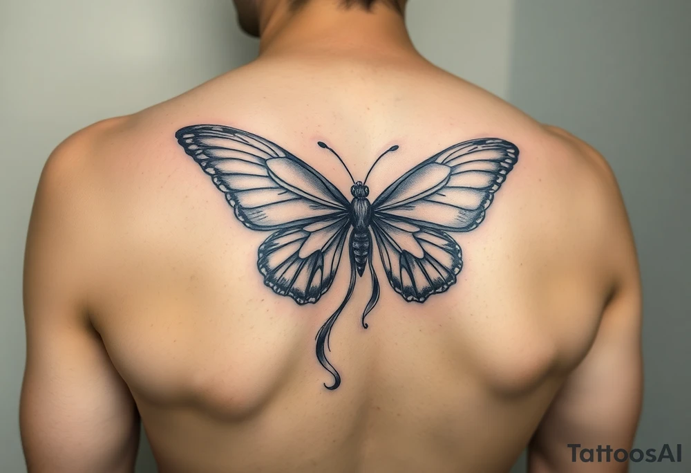 ethereal butterfly with flowing silk ribbons in moonlight tattoo idea