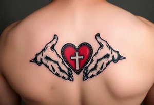 claddagh with hands holding a red heart with 
a celtic cross tattoo idea