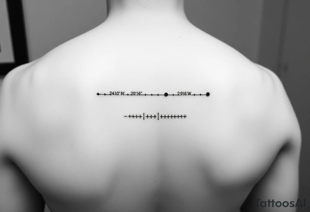A minimal fine-line tattoo showing a straight, thin horizontal timeline with two small evenly spaced dots. Below the first dot, write the coordinates: "24°10′N, 20°16′E". Below the second dot, write: "53.4084°N, 2.9916°W". Above each coordinate, place a small circle or marker dot to signify key points. Beneath the entire timeline, add a single row of visual Morse code symbols using only dots (●) and dashes (—), arranged like this: — ● — ●   ● —   ● — ●   — — —   ● — ● ●   ● ●   — ● ●   ● — tattoo idea