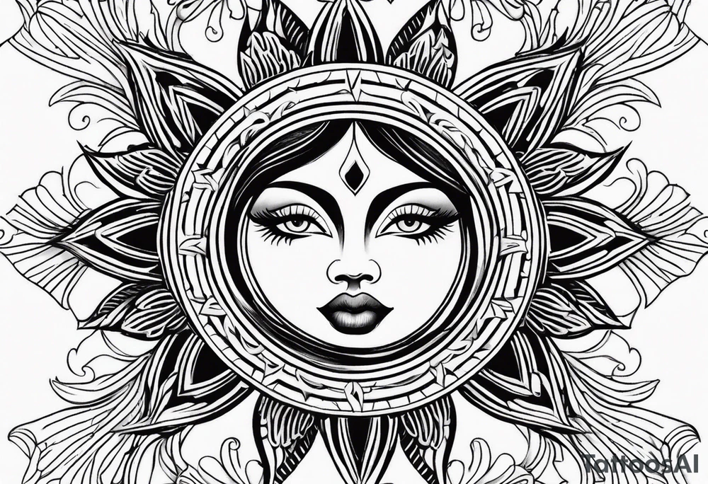 Small simple Traditional sun with feminine eyes and lips shading around edges tattoo idea