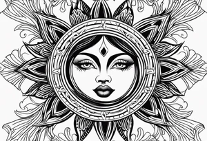 Small simple Traditional sun with feminine eyes and lips shading around edges tattoo idea