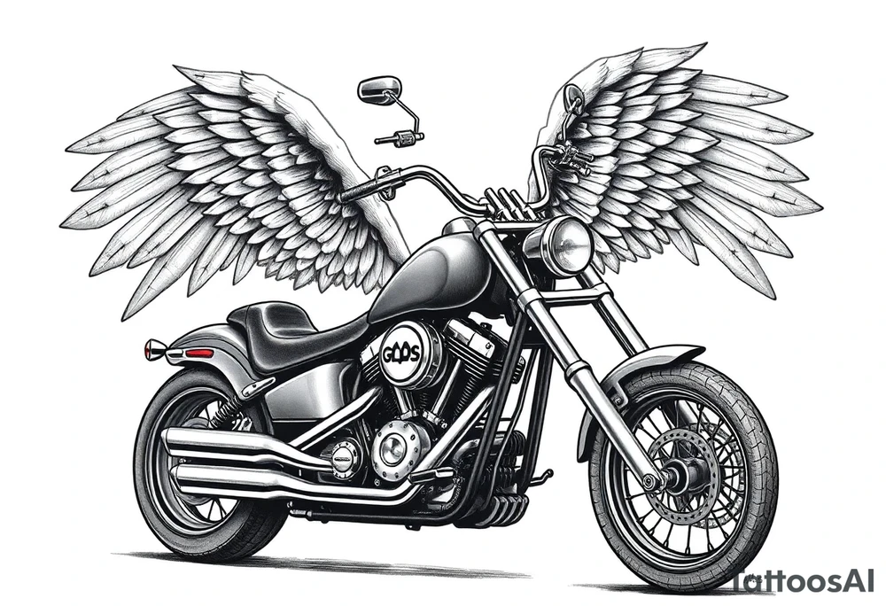 Low rider grey motorcycle, big muffler pipes with flames, angel wings, driving away, no person tattoo idea