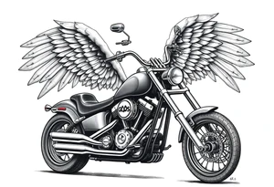 Low rider grey motorcycle, big muffler pipes with flames, angel wings, driving away, no person tattoo idea