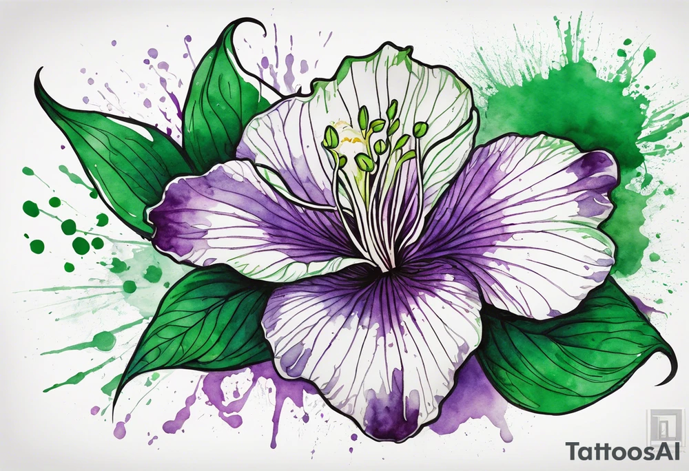 An outline of an only green rio dipladenia flower and a green and purple watercolor splash in the background tattoo idea